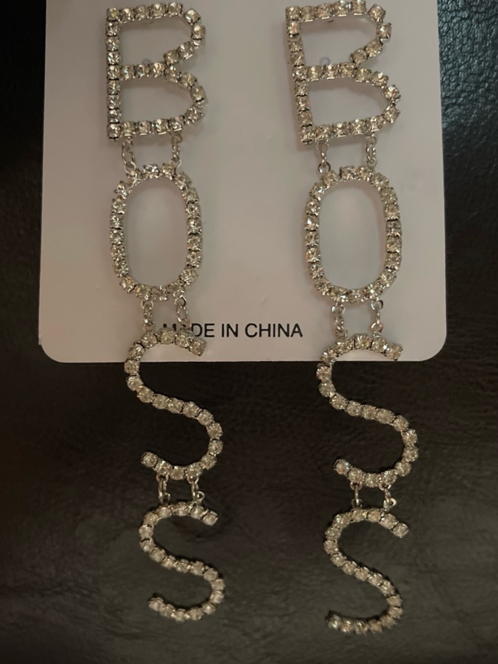 Crystal 'BOSS' Drop Earrings in Silver Tone